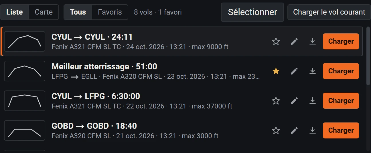 La bibliothèque des vols : chaque vol avec sa route, sa durée, son avion et son altitude maximale, et les boutons favori, renommer, exporter et charger.